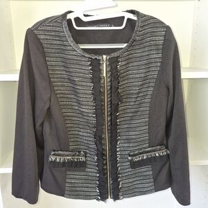 Ivanka Trump Black Textured Zip Front Jacket Gold Zipper